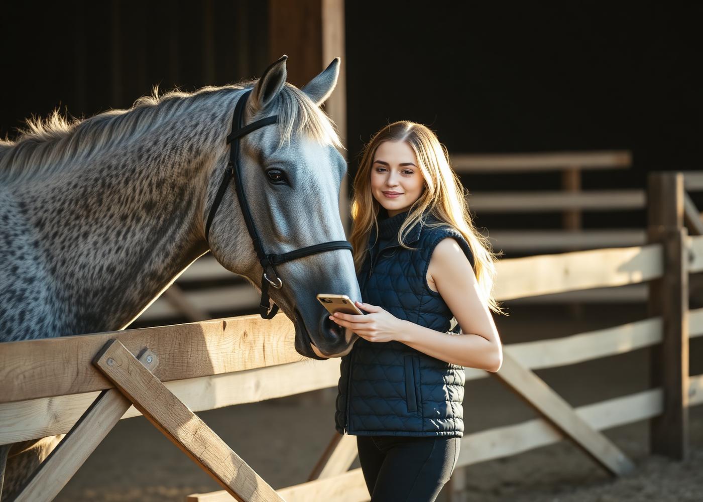 Horse owner checking Turnout on her phone next to a grey horse